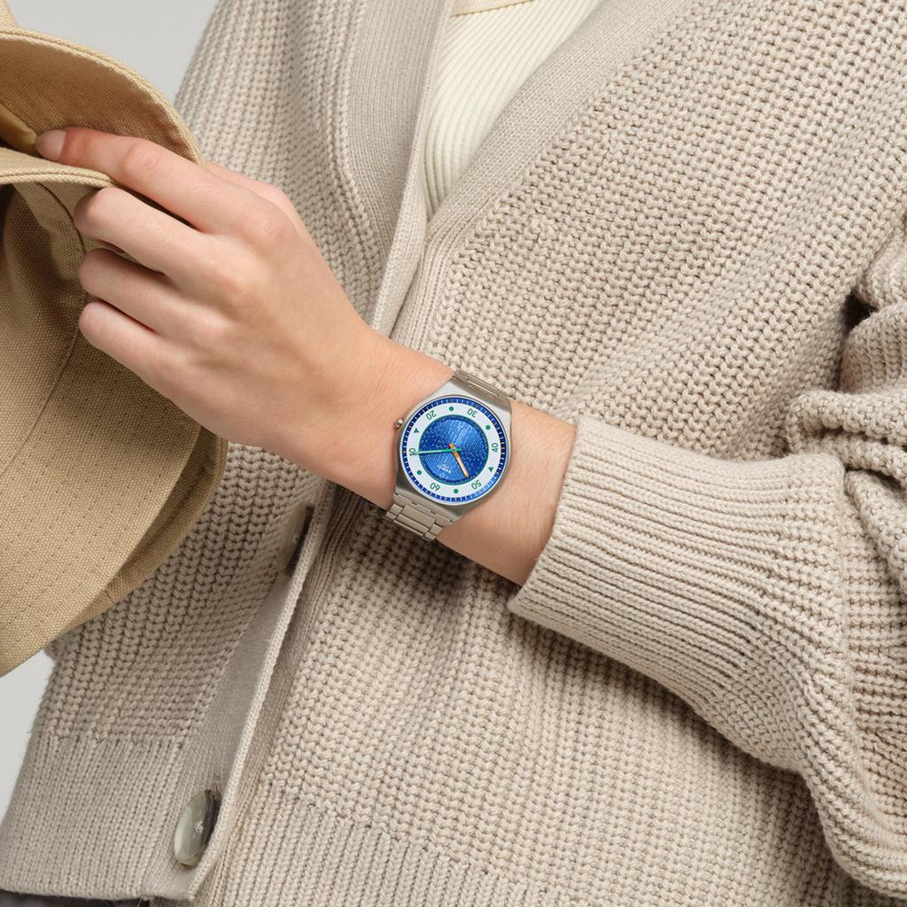 SWATCH Quartz Movement 30 Meters Waterproof Unisex Swiss Watch 42mm Blue Dial Stainless Steel Case Stainless Steel Strap SS07S143G