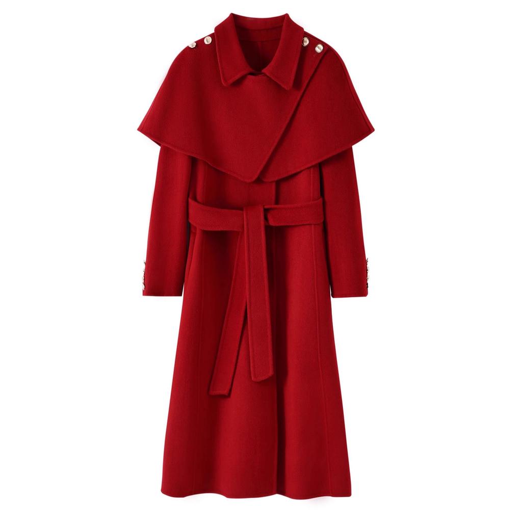 Women's Double-Sided Wool Coat, Extra Long Hepburn Style with Detachable Shawl – Fashionable Autumn/Winter Outerwear
