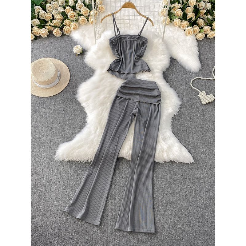 Casual Set Women 2025 Summer New Pleating Short Cami + High Waist Slimming Trumpet pants Two-piece Set