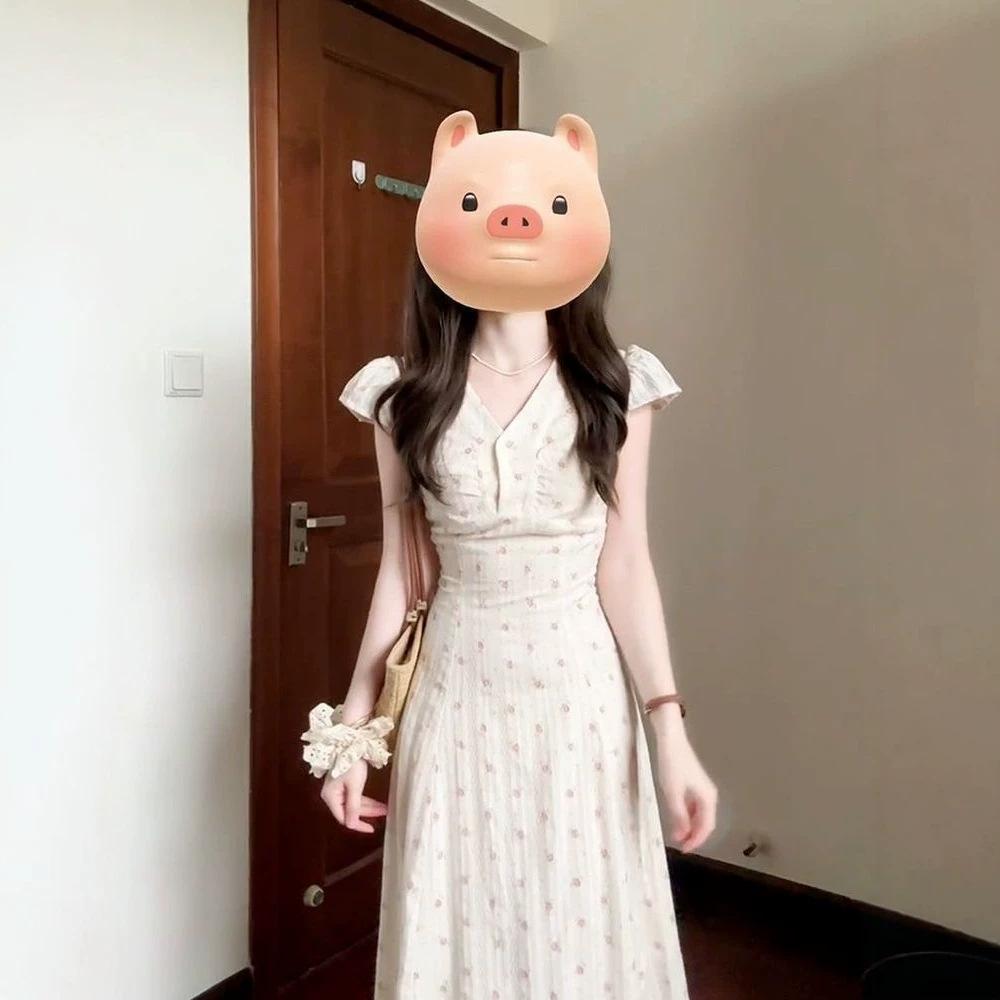 Large Size Pastoral French V-neck Short-sleeved Dress for Women, Summer Fat MM Floral A-word Skirt, Thin and Meat-covered Skirt for Women