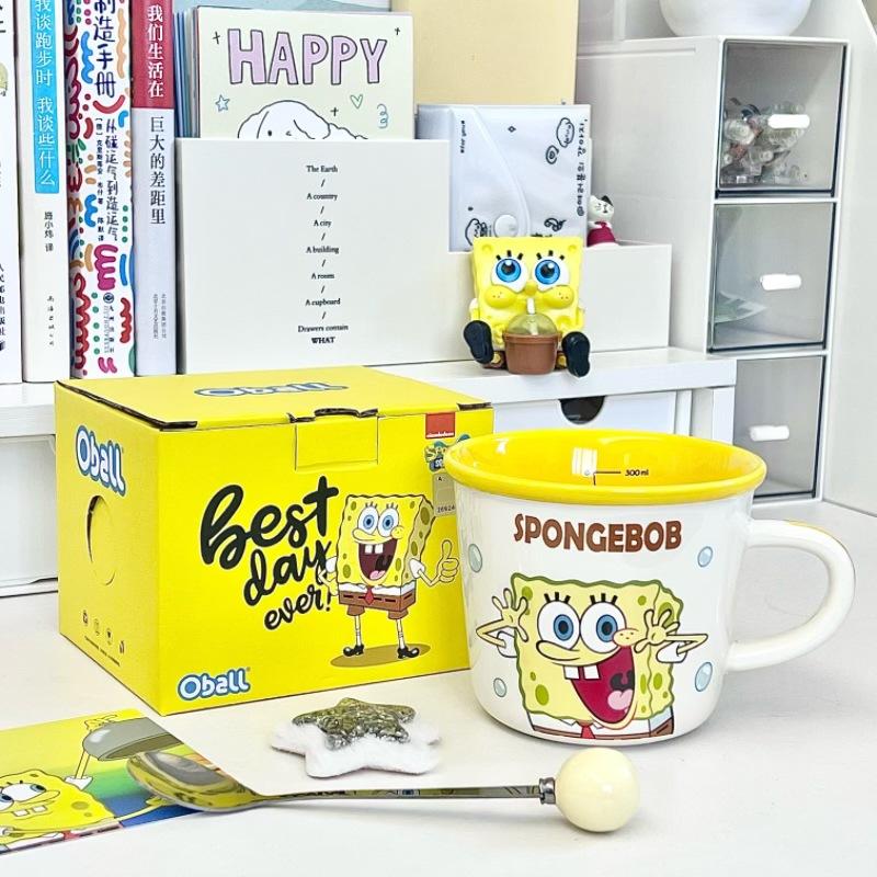 Taza de cerámica de Bob Esponja para niños con vaso medidor de agua, taza para café con leche para oficina, regalo de cumpleaños