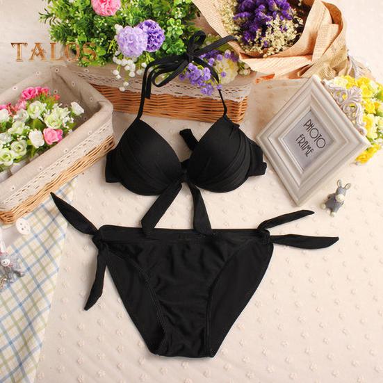 2 Teile/satz Sexy Bikini Set Neckholder Push-Up Einfarbig Bh Hohe Taille Schwimmen Slip Set Bowknot Dekoration Bademode
