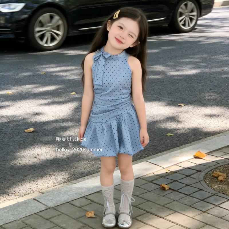 Girls Summer French Polka Dot Sleeveless Dress Toddler Bubble Hem Mini Skirt Sweet Baby Vest Dress 90