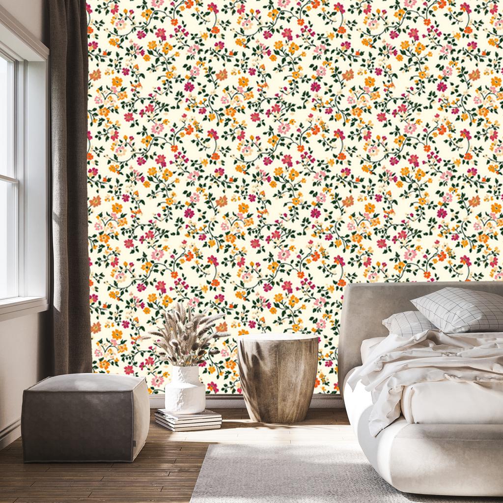 Wallpaper Small Flowers Cream and Lime for Living Room and Bedroom 50x1000