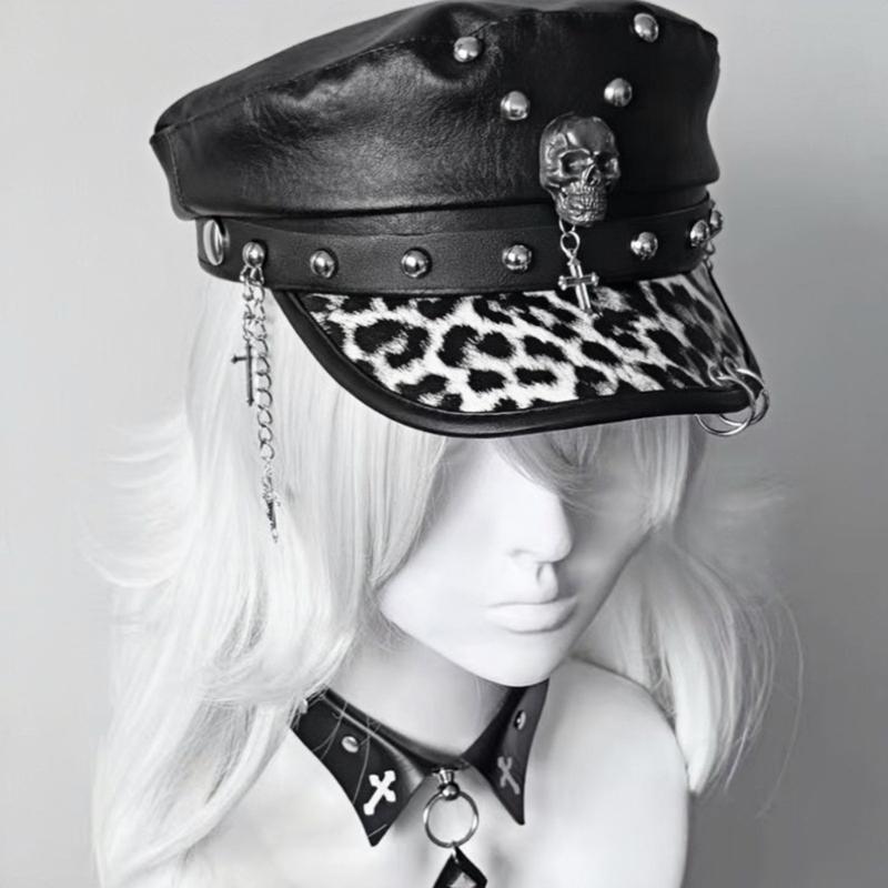 2000s Punk Rivet Studded Cricket Cap With Skull Crossed Decor Beret Hat For Women Western Theme Party Casual Outfit Accessory