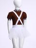 Kids Girls Chocolate Factory Worker Halloween Costume Mock Neck Short Stripe-Cuffed Sleeves Back Cut Puffy Built-In Crotch Press Buttons Dress Braces