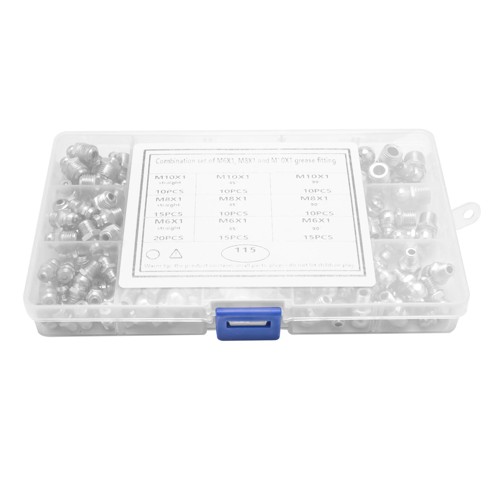 Набор из 115 шт. стальных пресс-масленок (тавотниц) , Прямые, под 90 градусов, под 45 градусов(M6,M8,M10)