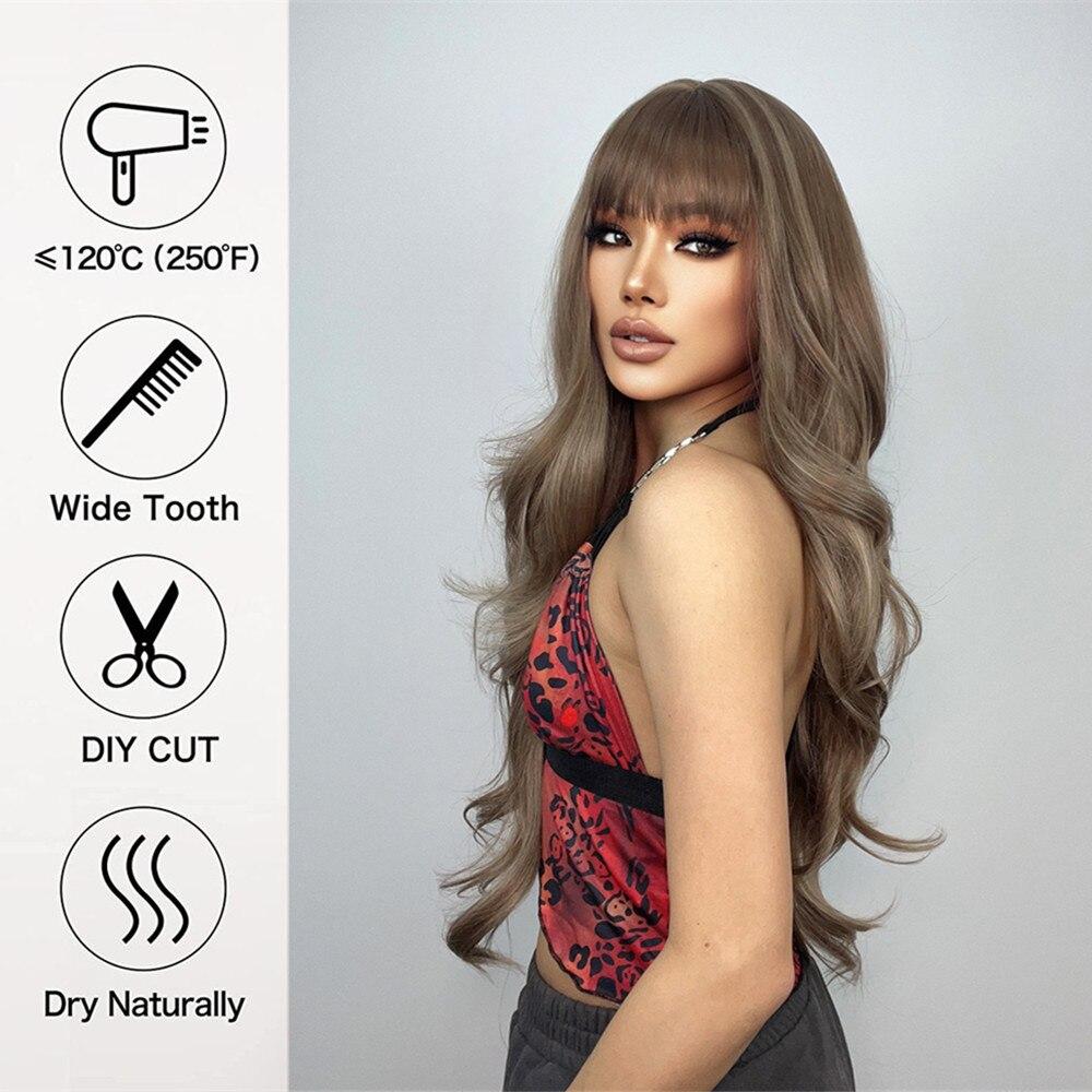 ALAN EATON Brown Highlight Layered Boby Wavy Wig Long Natural Mixed Synthetic Wig Women Daily Hair with Bangs Heat Resistant Wig