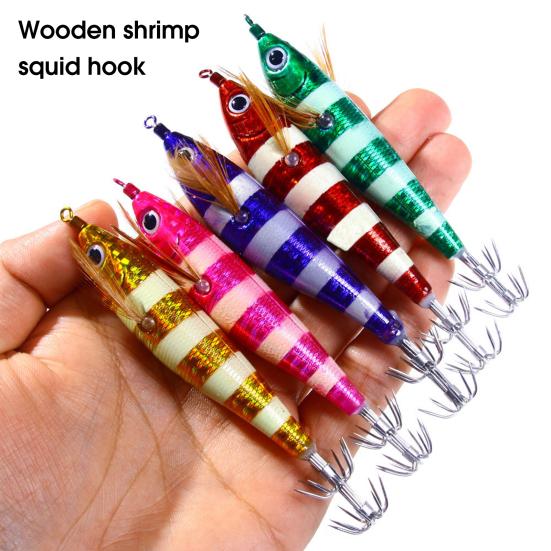 Fishing Lure with 2 Hooks 10.5cm/9.5g Simulation Wood Shrimps Squid Hook Jigging Fishing