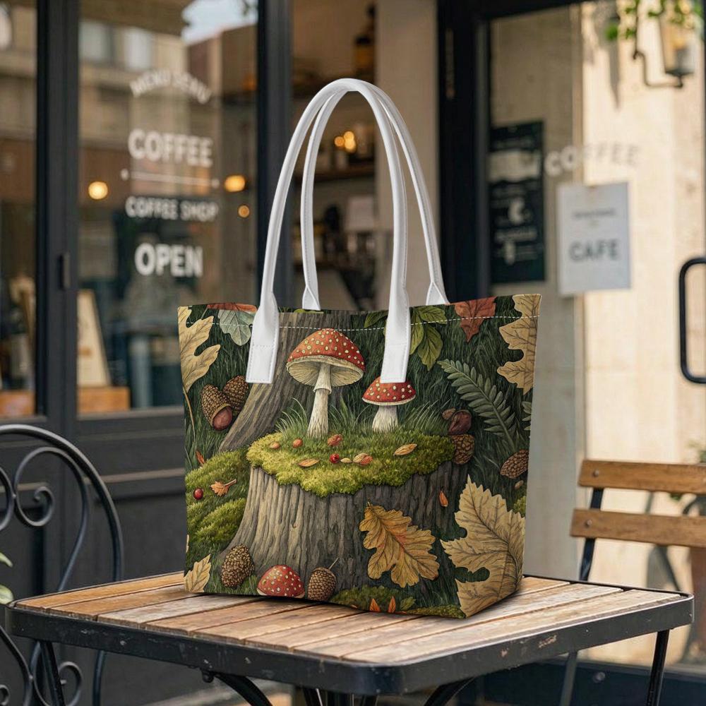 Forest Mushroom Print Casual Shoulder Tote Bag For Outdoor Daily Shopping
