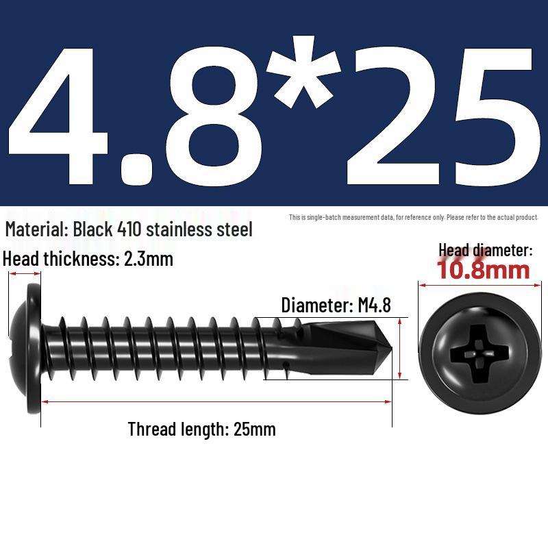 Black Phillips Flat Head Self-Tapping Screws with Washer, 410 Stainless Steel, 4.2M-4.8 Size.