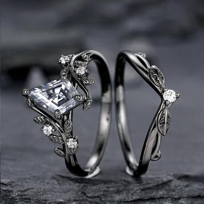 Luxuriöser Gunmetal-Schmuck, Polygonale Zirkonia-Partnerringe, Damenring.
