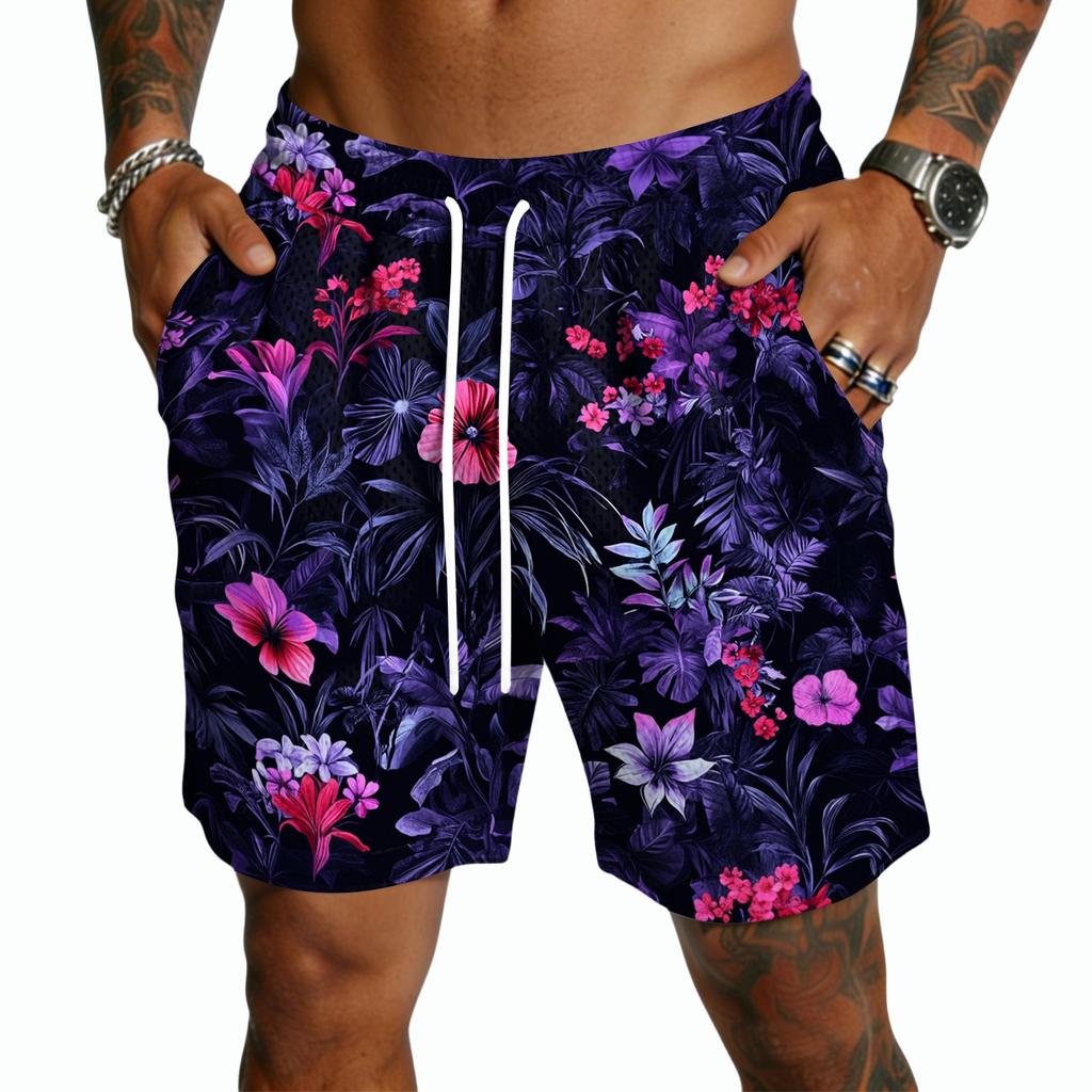 Men's Casual Drawstring Shorts Lightweight Quick Dry Five Inch Inseam Hawaiian Print Beachwear Swim Trunks with Elastic Waistband