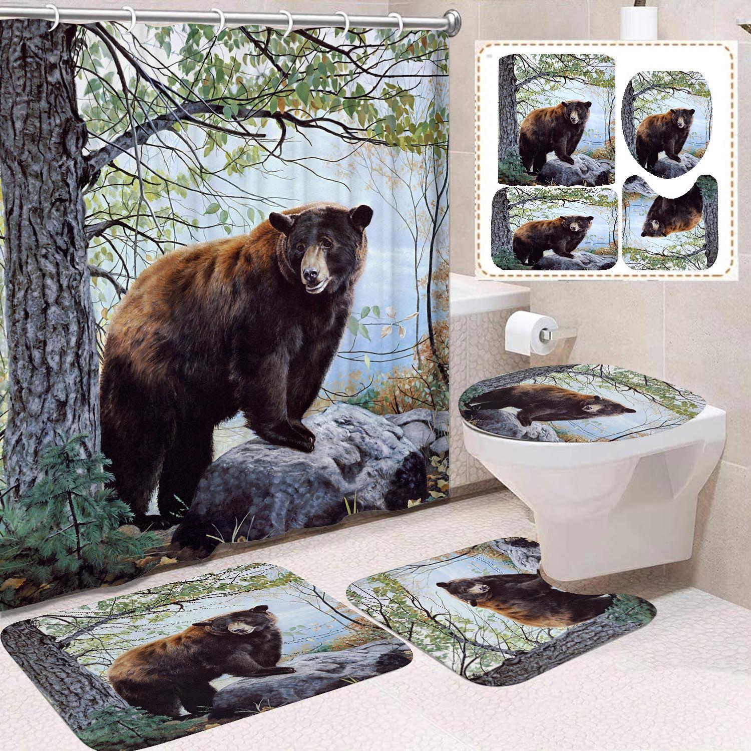 

4pcs Bear Lodge Shower Curtain Set Rustic Forest Waterproof Fabric Bath Curtain 12 Hooks Non Slip Rugs Toilet Lid Cover California Bear Decor Set 4PCS