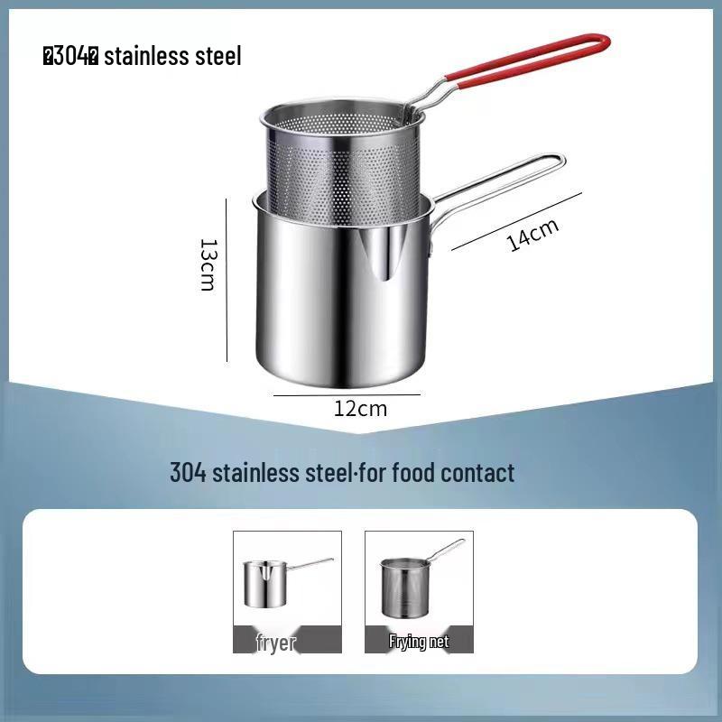 304 Stainless Steel Small Deep Fryer Pot with Strainer and Double Ear Handles for Induction Cookers.