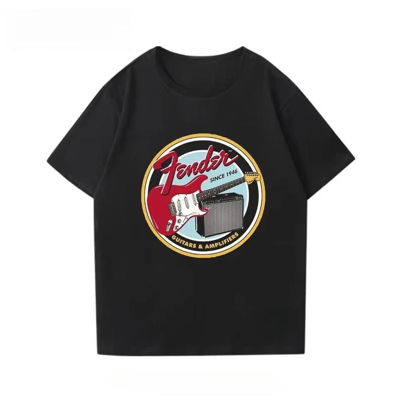 Fender Electric Guitar Short Sleeved Printed T-shirt for Boys Guitarist Performance Outfit Rock Band Pure T Shirt