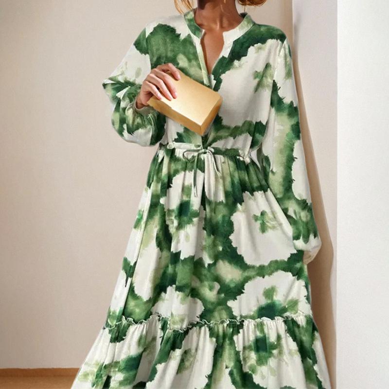 Long Sleeve Maxi Dresses for Women V Neck Smocked Boho Floral Tiered Swing Flowy Wedding Guest Dress Women's Chiffon Flowy Beach Party Long Dresses