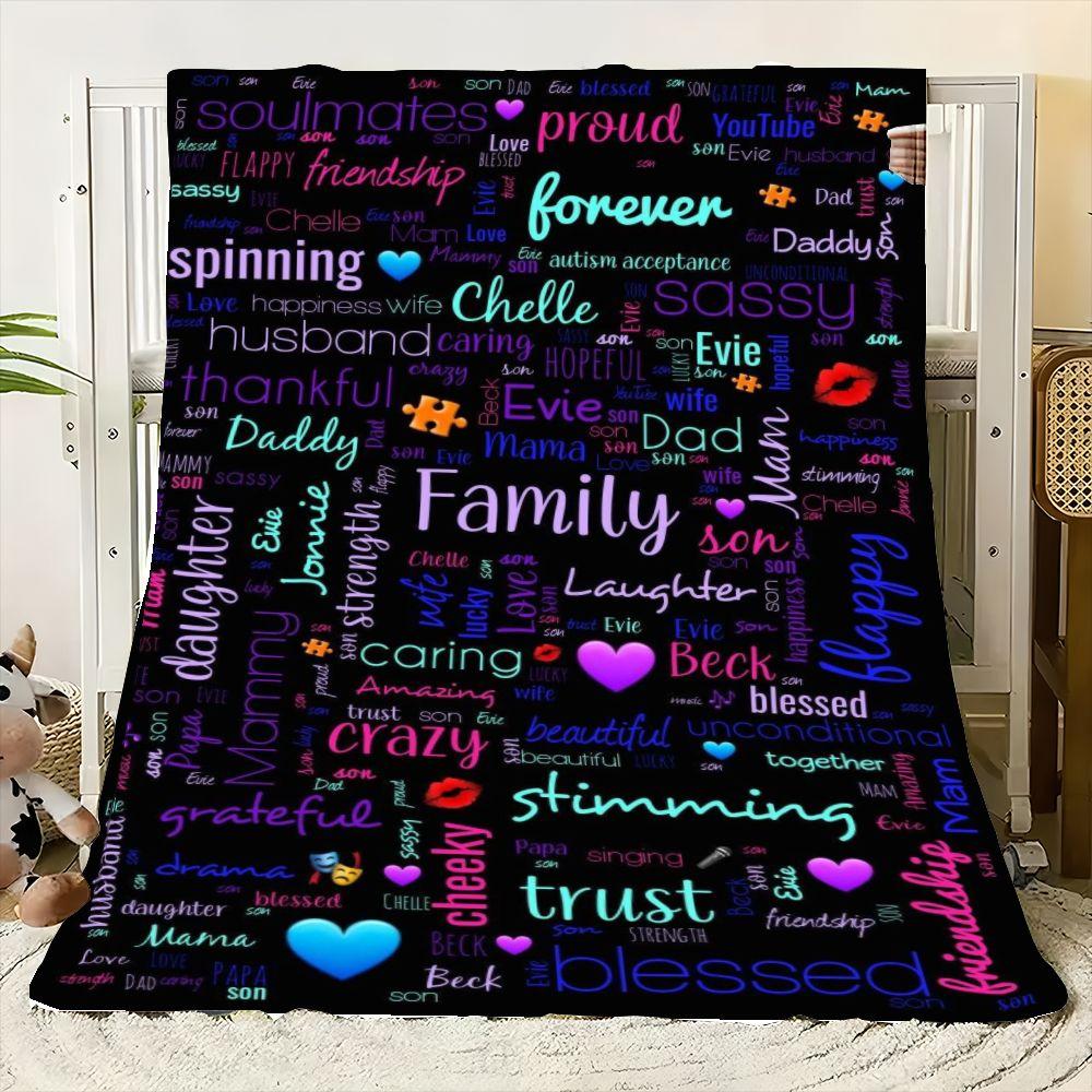 Vibrant Family Love Word Cloud Art Blanket - Soft Plush Throw for Home or Outdoor Use, Colorful Design Featuring Words like Tru 30x40in