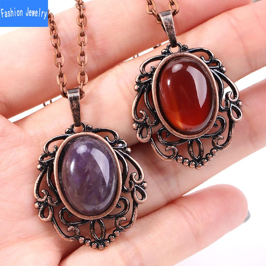 European and American retro personalized fashion hollow lace natural crystal stone water drop pendant green aventurine necklace jewelry