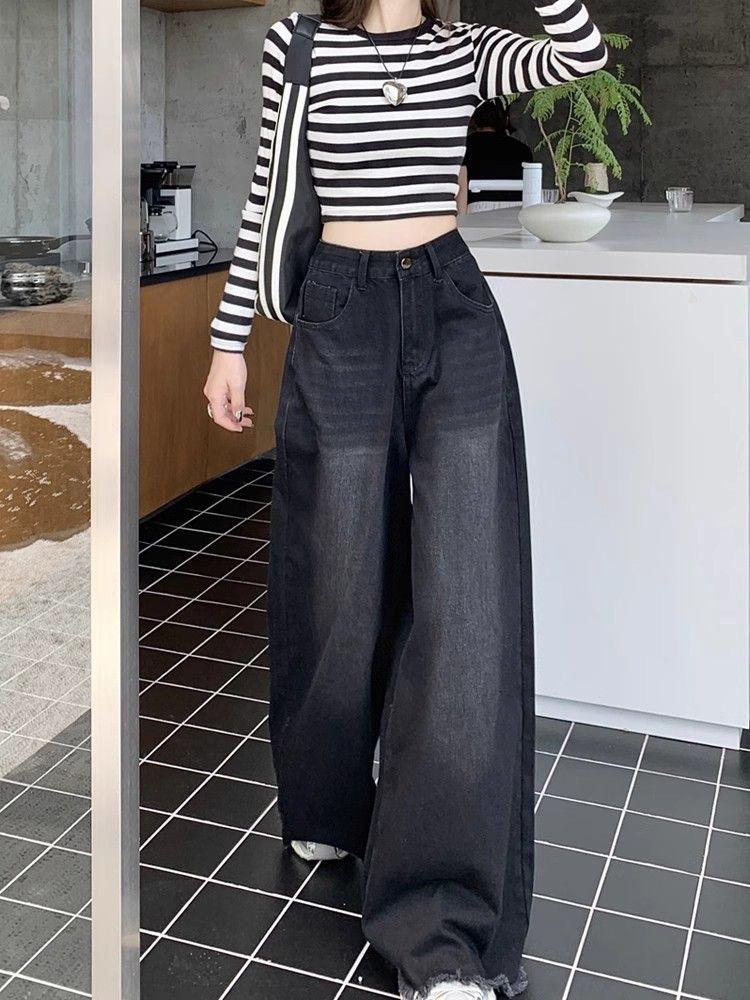 Hot Girl Baggy Jeans Femenina Y2k Street Vintage Washed To Make Old Fried Straight Wide-Leg Denim Pants For Women