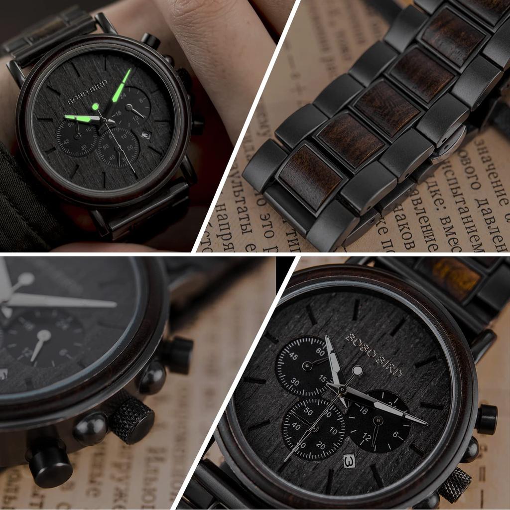 Men's Wooden Watch, Business/Casual Watch, Ebony & Stainless Steel Chronograph