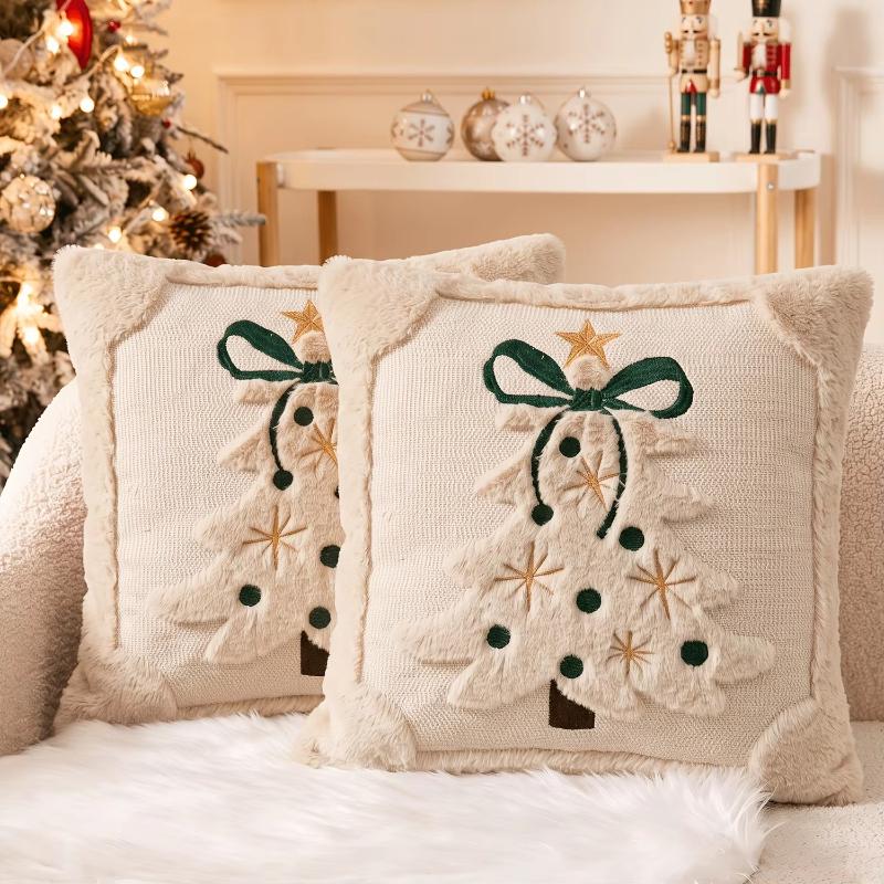 3D Christmas Tree Throw Pillow Covers Faux Plush Embroidered Xmas Tree Pattern Cushion Covers For Sofa Couch Home Decor