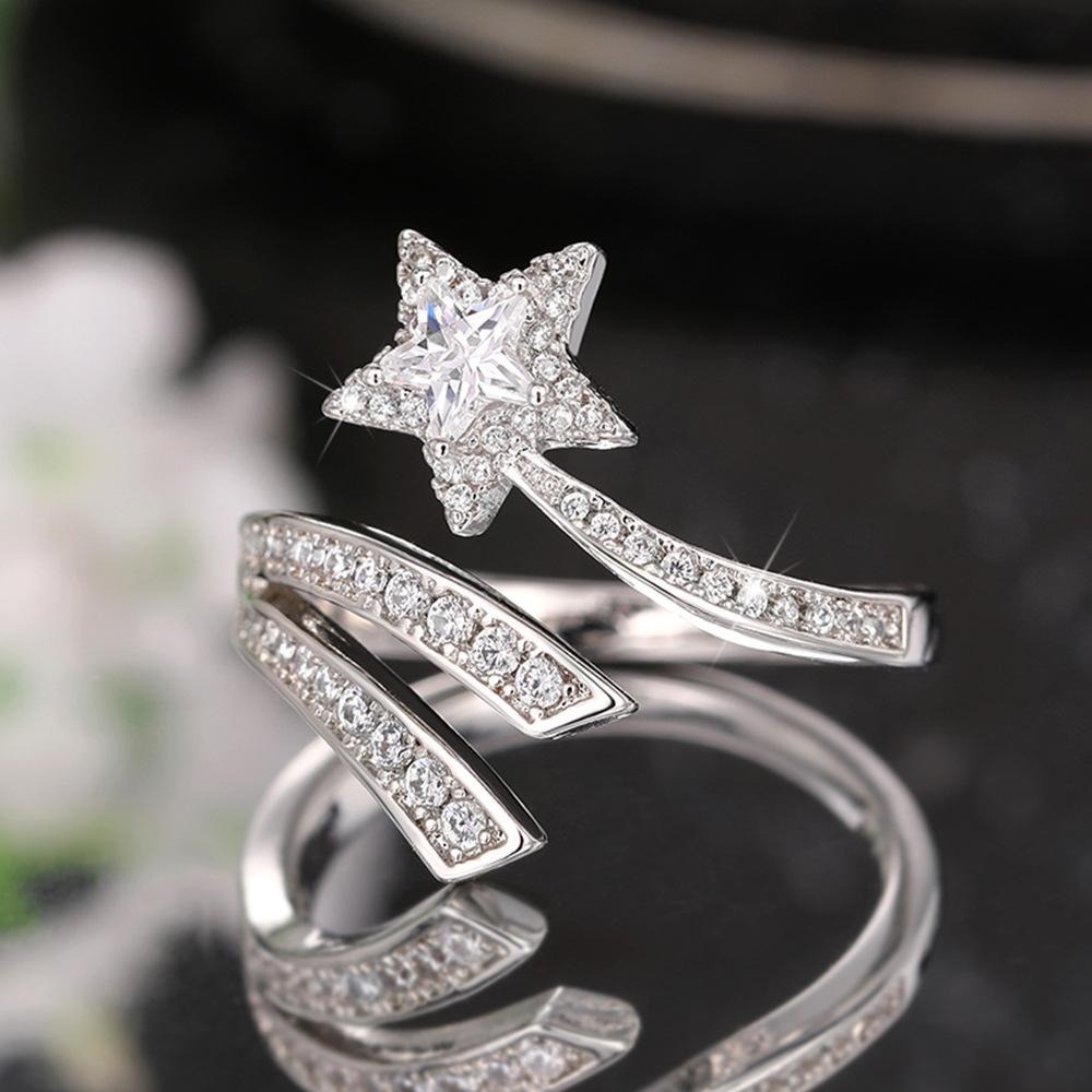 Super Fairy Design Ring, Five-Pointed Star Cut Ring, Double-Wrapped Sun, Moon And Stars Engagement Open Ring