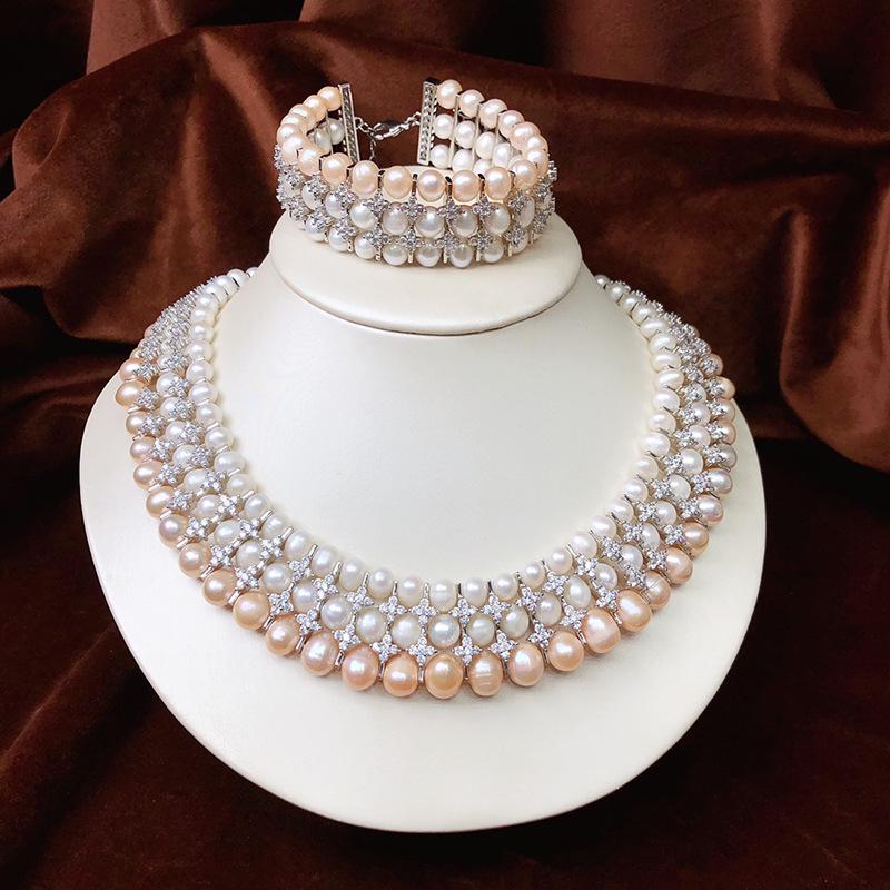 Elegant White and Pink Pearl Jewelry Set: Hand-Strung Necklace and Bracelet with 7-9mm Pearls.