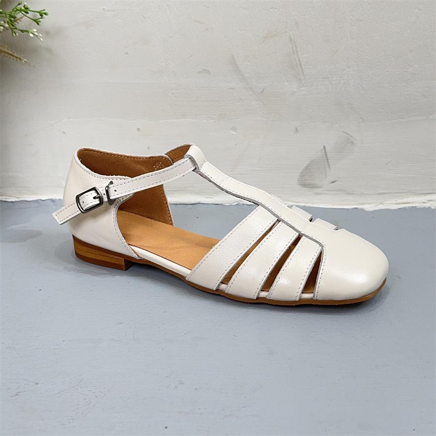 Johnature Handmade Genuine Leather Sandals Versatile Round Toe Buckle Strap Cowhide Flat Women's Shoes