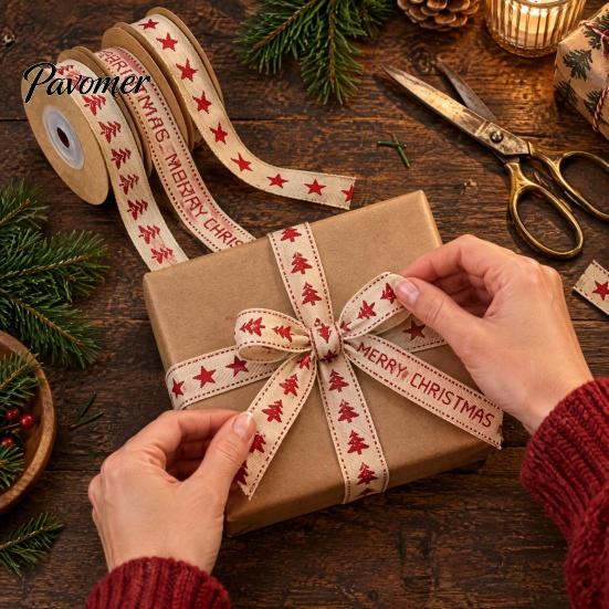 Christmas Gift Wrapping Ribbon Packaging Ribbon, Cotton And Faux Linen Decorative Fabric Roll for Holiday Bundling Wrapping, Floral Arrangement