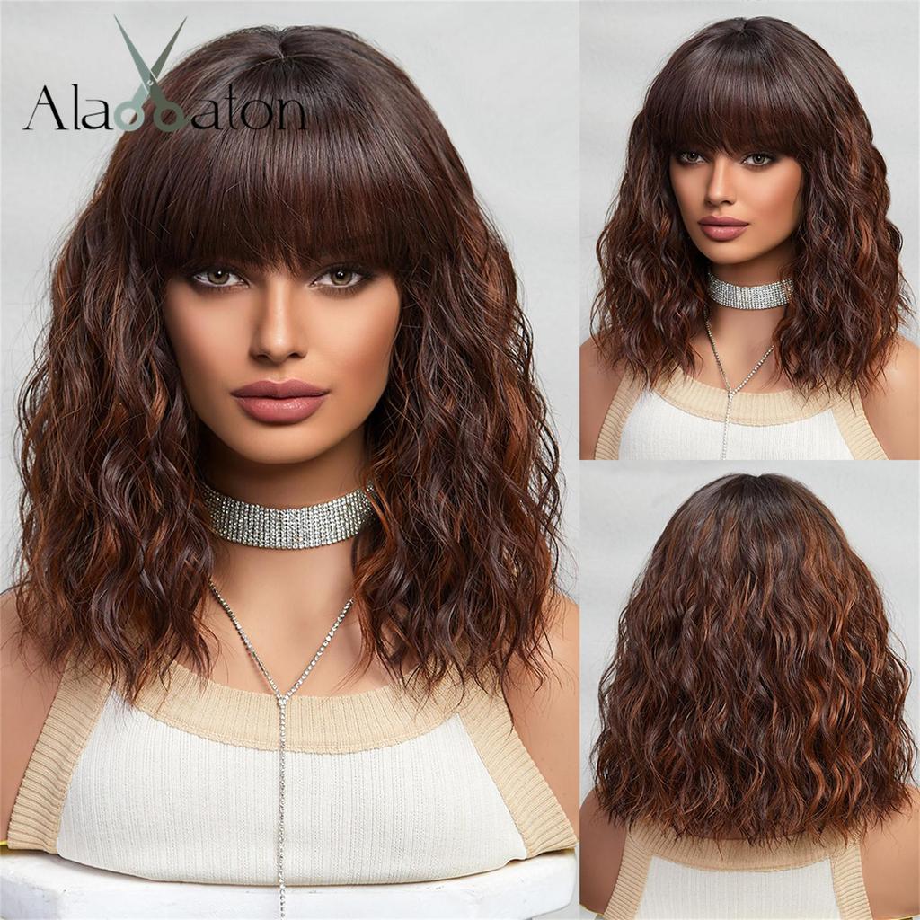 ALAN EATON Short BOB Synthetic WIGS Orange Brown Curly Wig with Bangs for Women Cosplay Daily Party Heat Resistant Fiber Wig