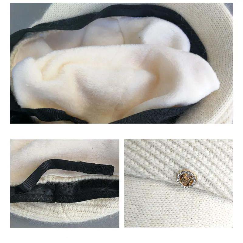 Andetunge Beret Kvinne Vinter Vill Malerlue Kaninpels Blandet Strikket Varm åttekantet ulllue