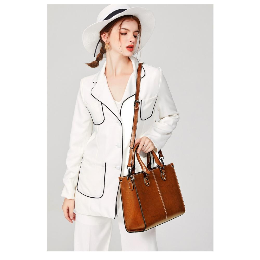 Bag Women's Oil Wax Splicing Genuine Leather Women's Bag European and American Style Cowhide Versatile Portable Shoulder Messenger Bag