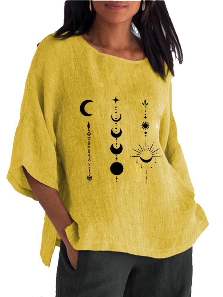 Women Fashion O Neck 3/4 Long Sleeved Shirt Spring&summer Print Cotton Linen Blouse