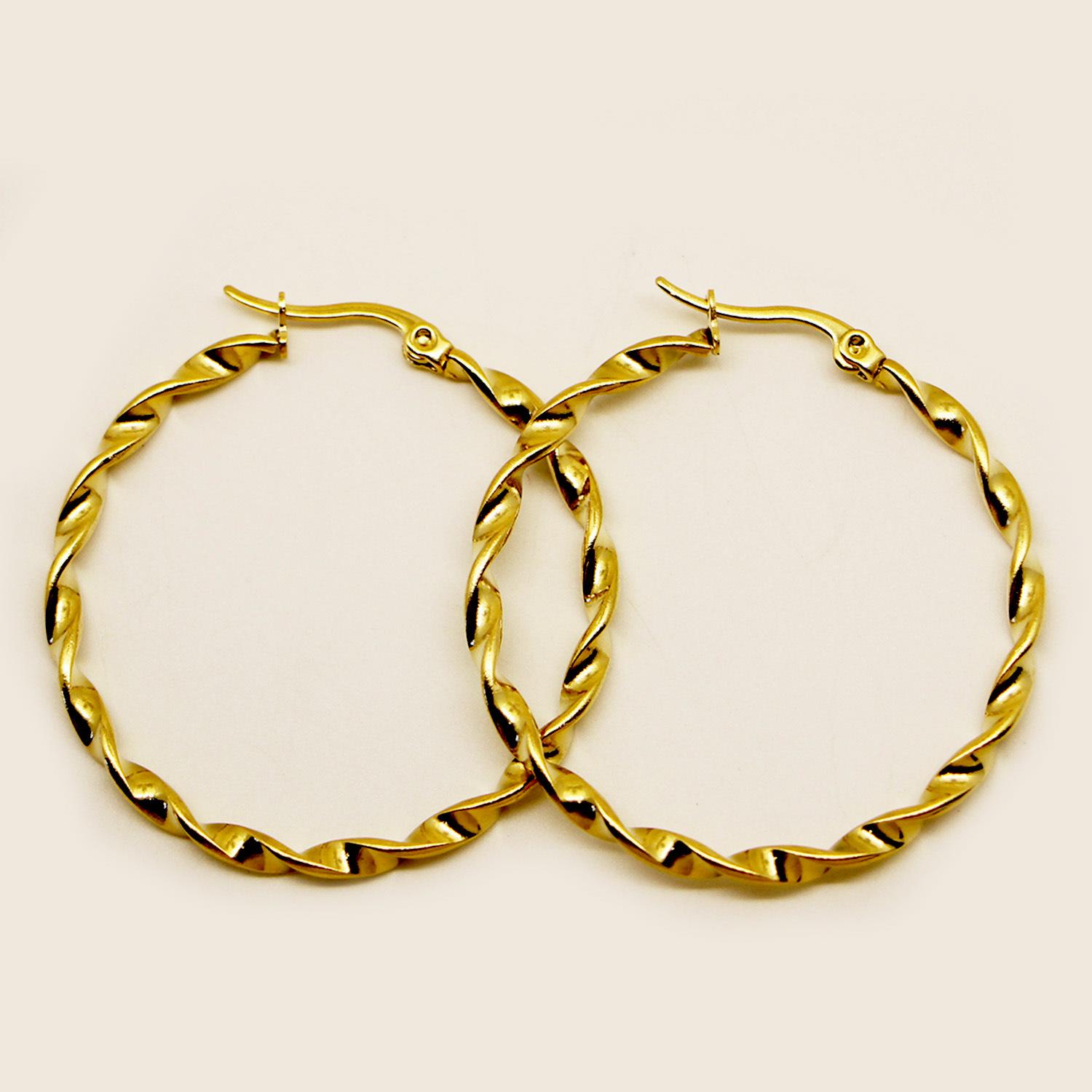 Gold Stainless Steel Twisted Hoop Earrings - Large, Fashionable, Hong Kong Style, High-End Design 30mm Outer Diameter