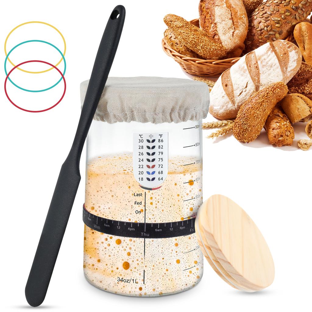 9Pcs Sourdough Fermentation Jar 1L Sourdough Starter Container Clear Glass Jar Sourdough Baking Tool Wide Mouth Kitchen Supplies