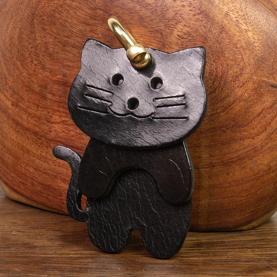 

Ручна робота Брелок для кота з натуральної шкіри - Милий дизайн тварини Міцне кільце для ключів з коров ячої шкіри для сумки, гаманця, подарунок чорний