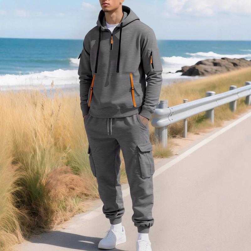 Mens Fleece-Lined Hooded Sweatshirt Cargo Pants Set Casual Streetwear Outfit Winter