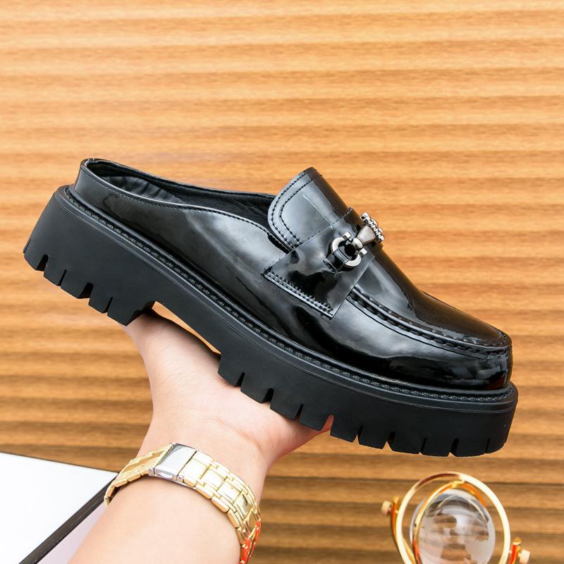 Half-drag leather shoes men's business dress British platform heightening patent leather slippers lazy shoes one pedal casual men's shoes
