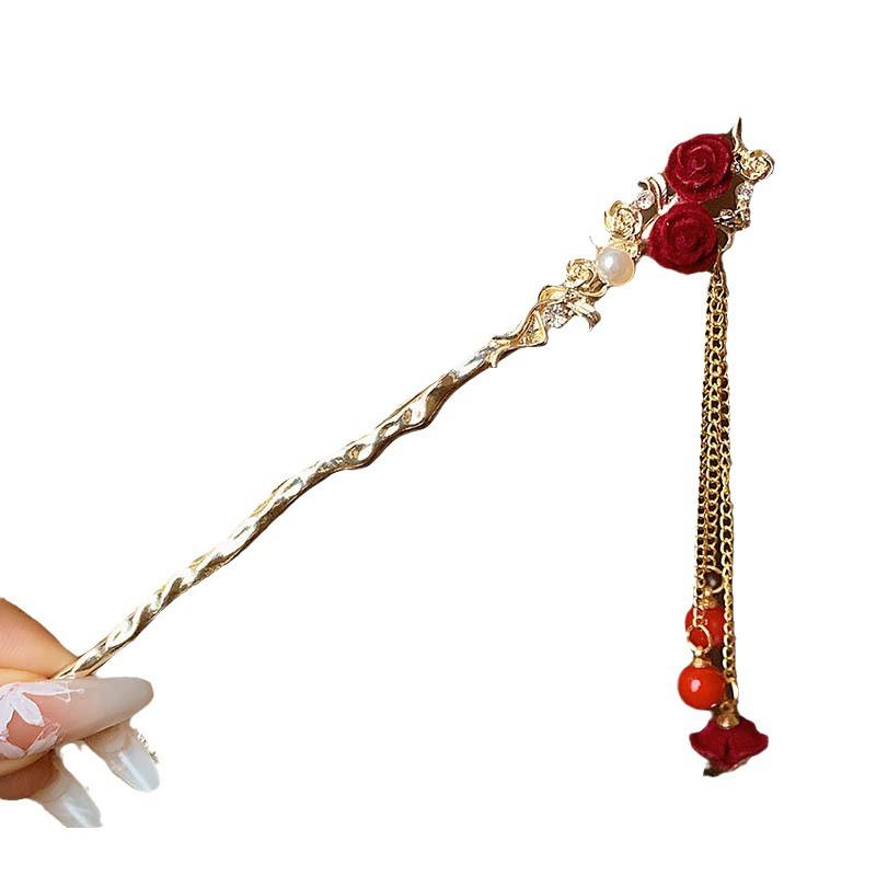 Haarnadel mit roter Blume und Quaste im chinesischen Stil für Damen