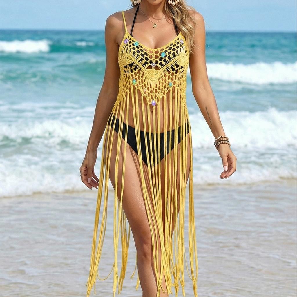 Beach Dress with Sequin Patchwork and Hand-knitted Straps. Long Flowing Fringes. Beach-style Cover-up Top for Women.