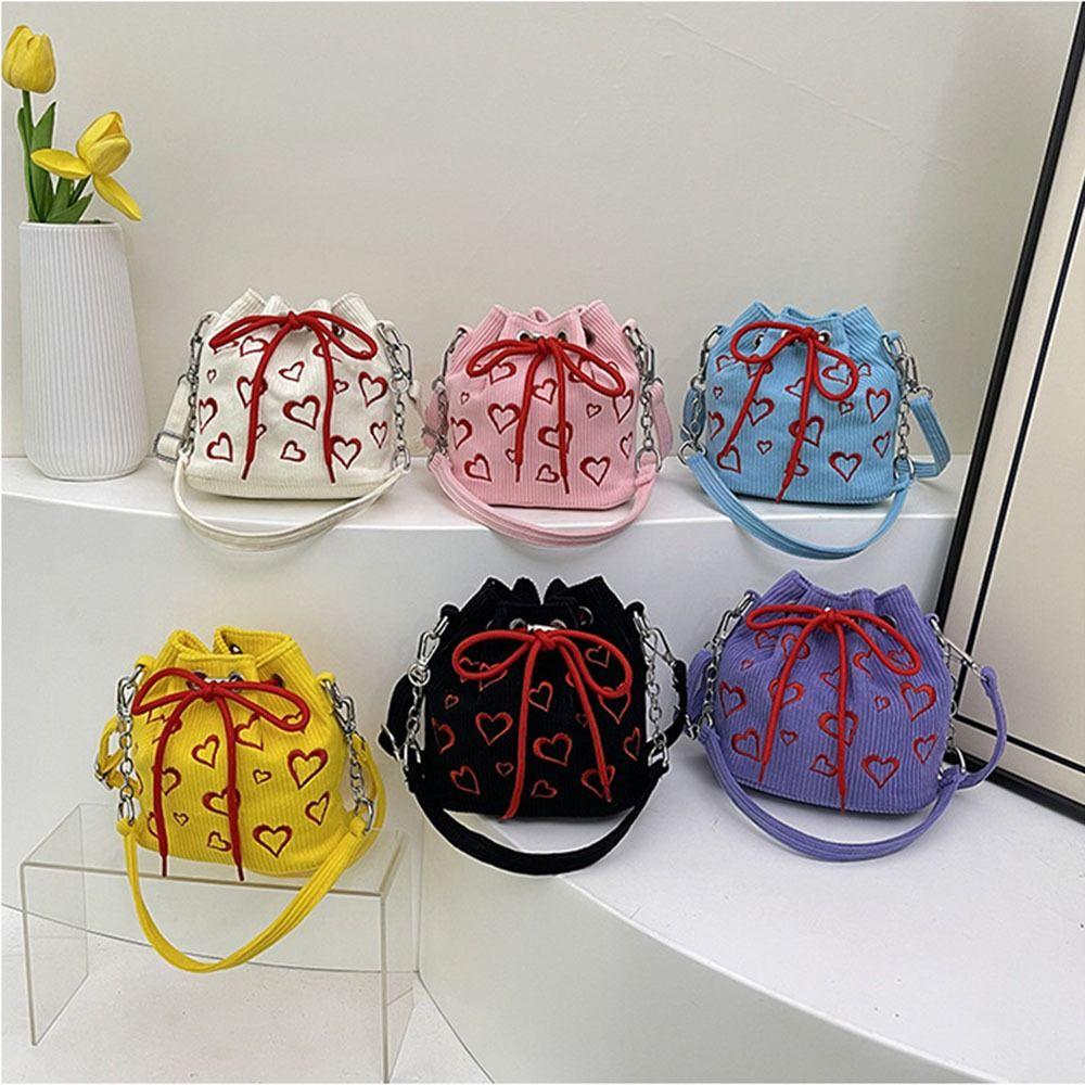 Large Capacity Drawstring Crossbody Bag Pleated Design Hearts Embroidery Handbag Female Fashion