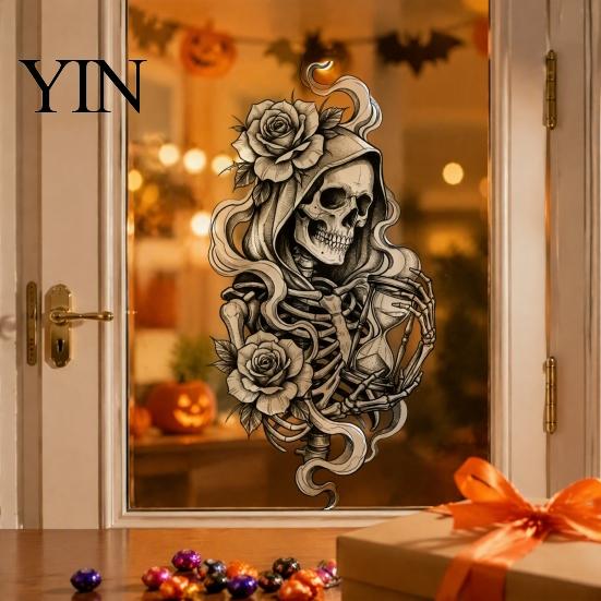 Autocolant de sticlă personalizabil Schelet și Trandafir Halloween Static Window Clings, Craniu Schiță Detașabil și Film Ușor de instalat Autocolant Floare, PVC Impermeabil
