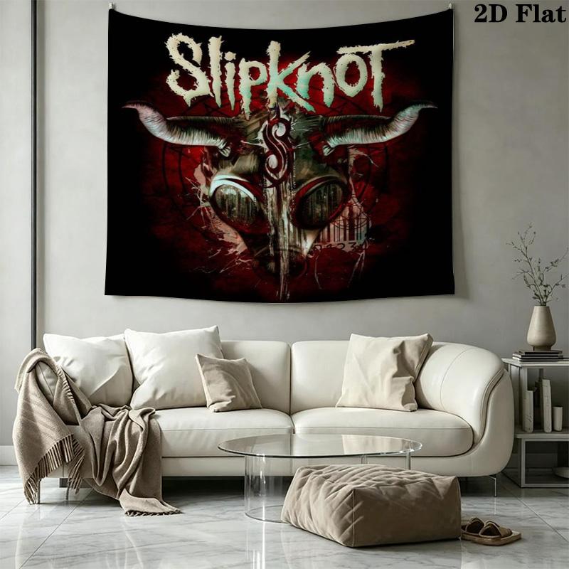 Slipknot Cartoon Masked Members Tapestry, Red Background Band Portrait Wall Hanging for Rock Fans
