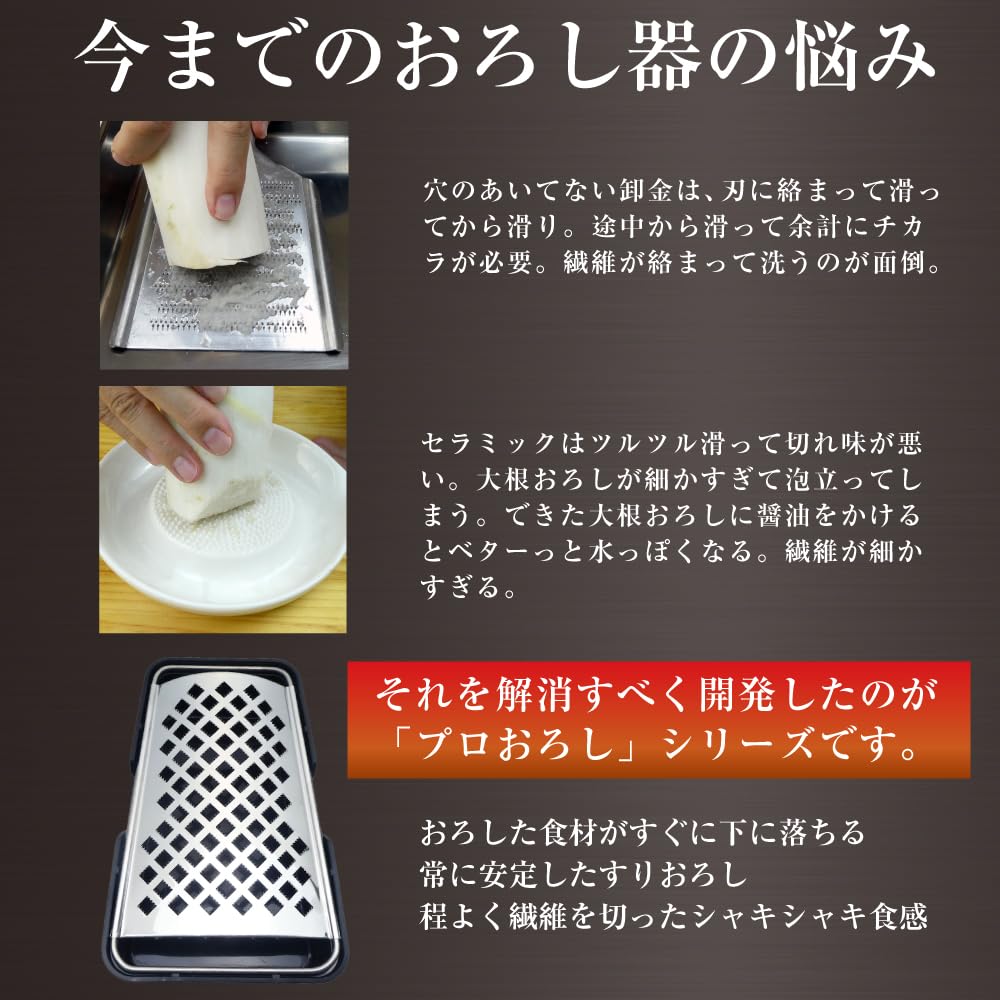 Professional Speedy Grater, All-Stainless Steel, Black, Made in Japan, for Grating Ginger, Garlic, and Cheese, with Non-Slip Rubber