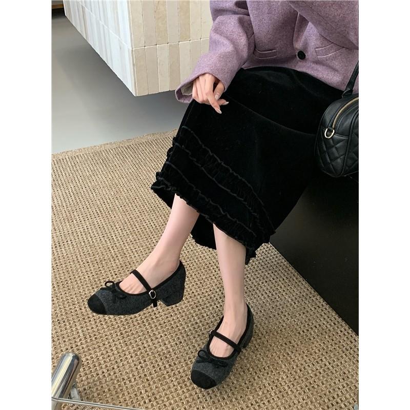 

Leather Korean version bow Mary Jane fluffy shoes for women s new velvet warm one-word buckle casual single shoes for women 39