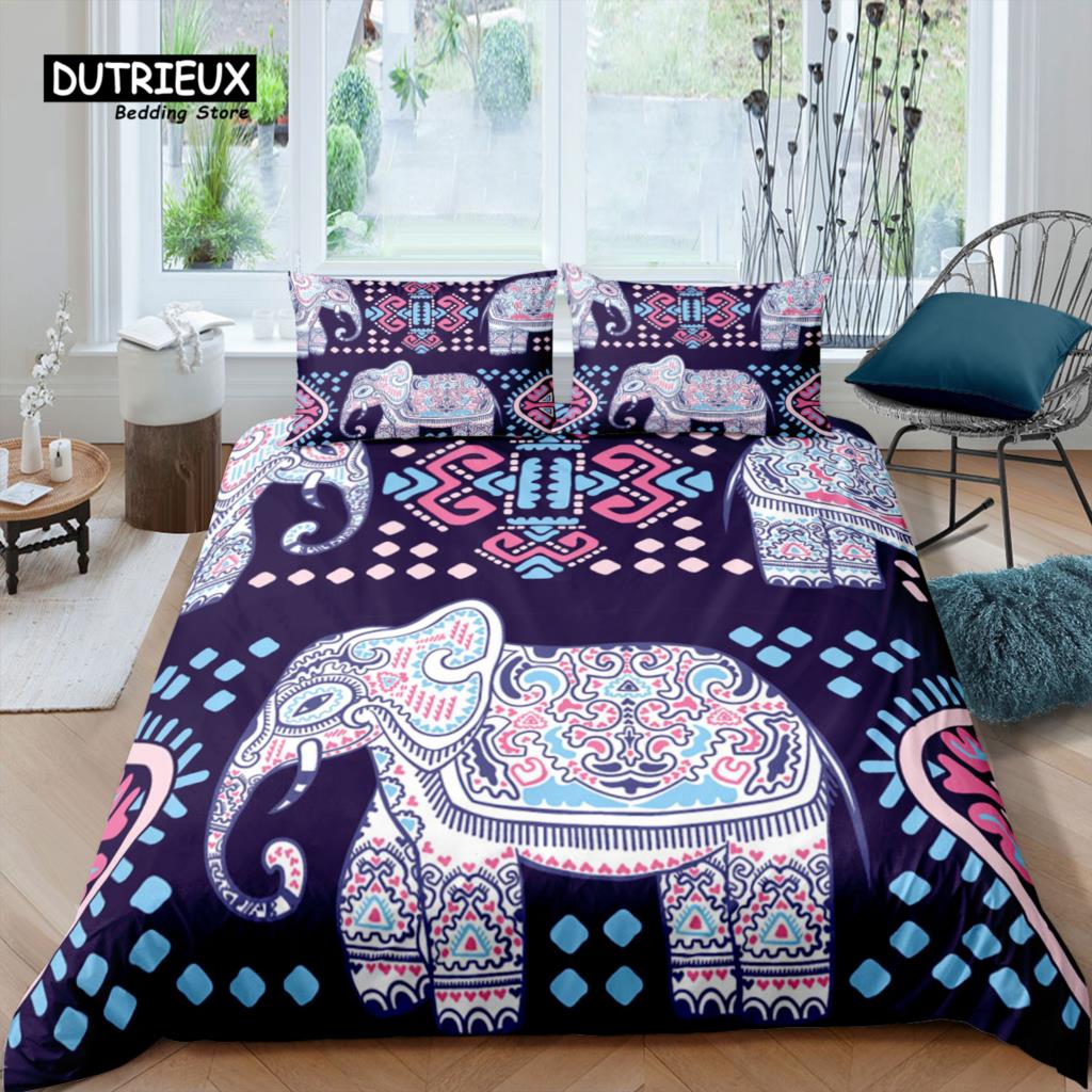Home Living Luxury 3D Lotus Ethnic Elephant Bedding Set Duvet Cover Pillowcase Kids Bedding Set Queen And King Eu/Us/Au/Uk Size