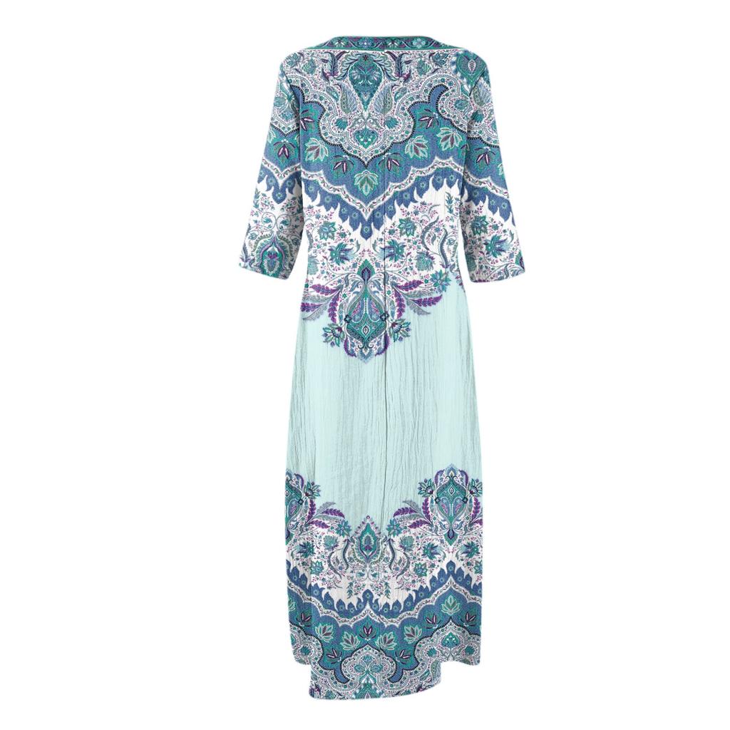 Dresses For Womens Vintage Print Tunic Waisted Midi Dress Summer Casual 3/4 Sleeve Dress