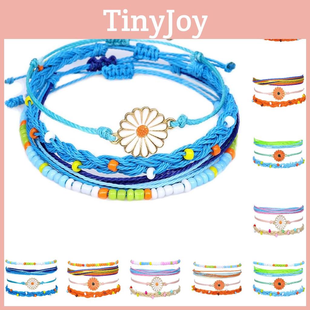 Stylish Handcrafted Bracelet Set With Waterproof Wax Thread And Alloy Sunflower Beads
