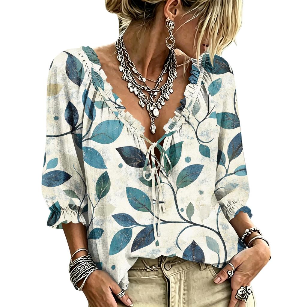 Women's Casual V-Neck Ruffle Tie Printed Blouse